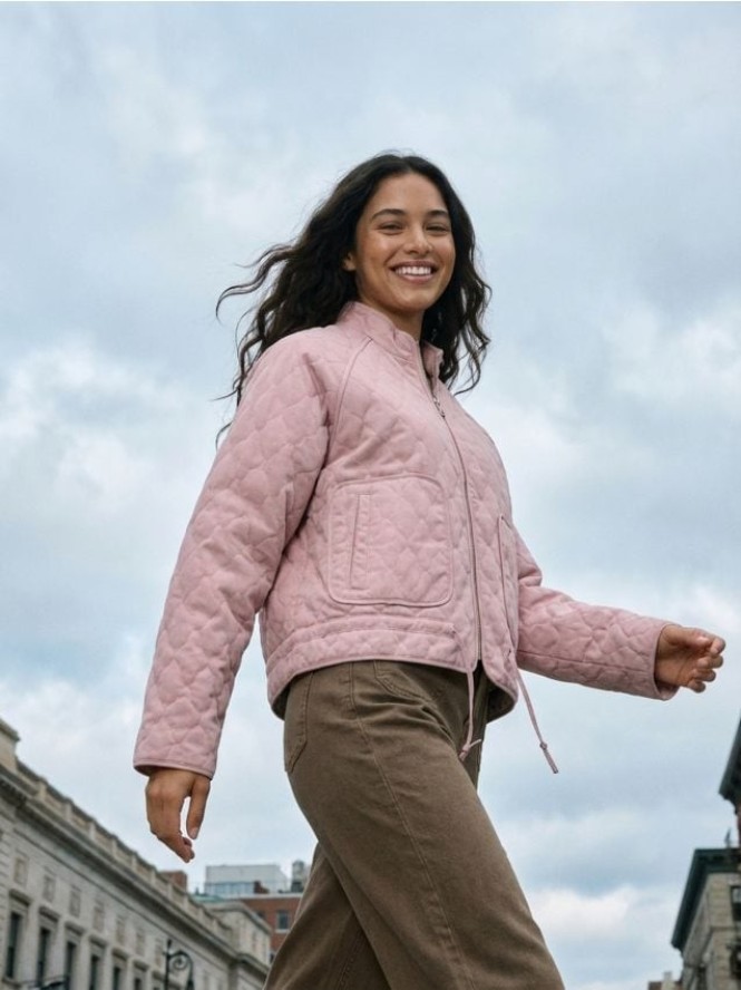 Bawełniana pikowana kurtka z zamkiem i stójką - różowy