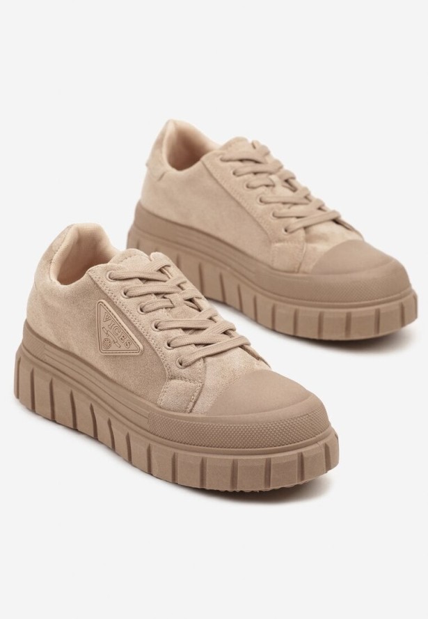 Ciemnobeżowe Sneakersy Vices na Grubej Podeszwie z Geometryczną Aplikacją Leanae