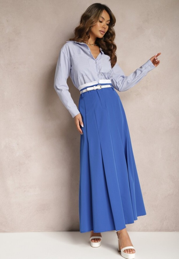 Niebieska Spódnica Długa Rozkloszowana High Waist Leoraia