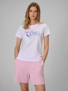 4F T-shirt regular z nadrukiem damski - biały XS