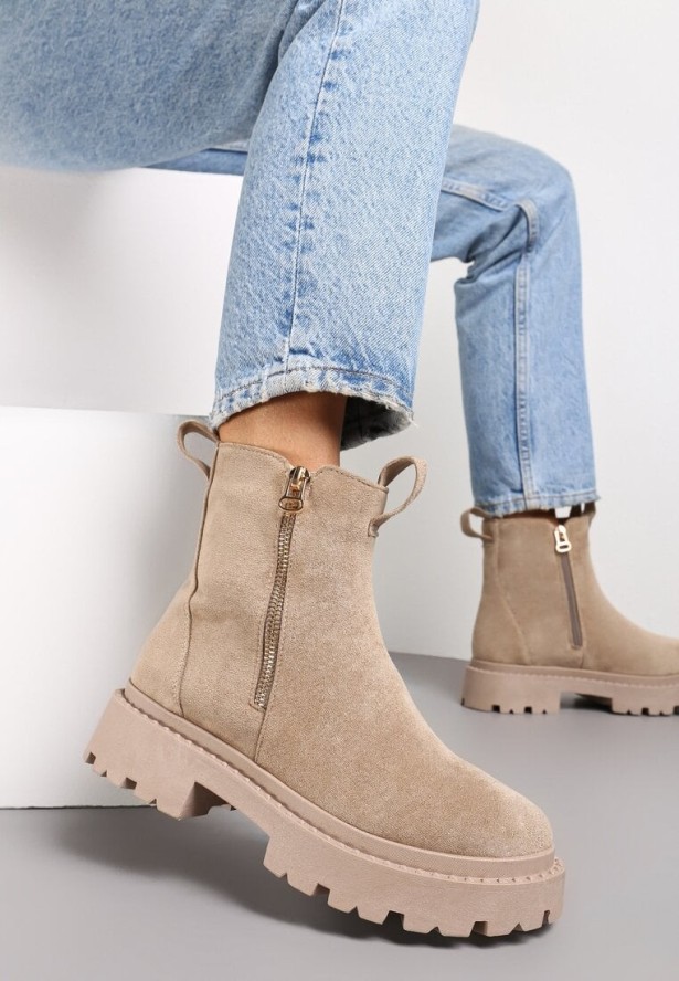 Beżowe Botki na Grubej Podeszwie z Ozdobną Tasiemką Cudrey