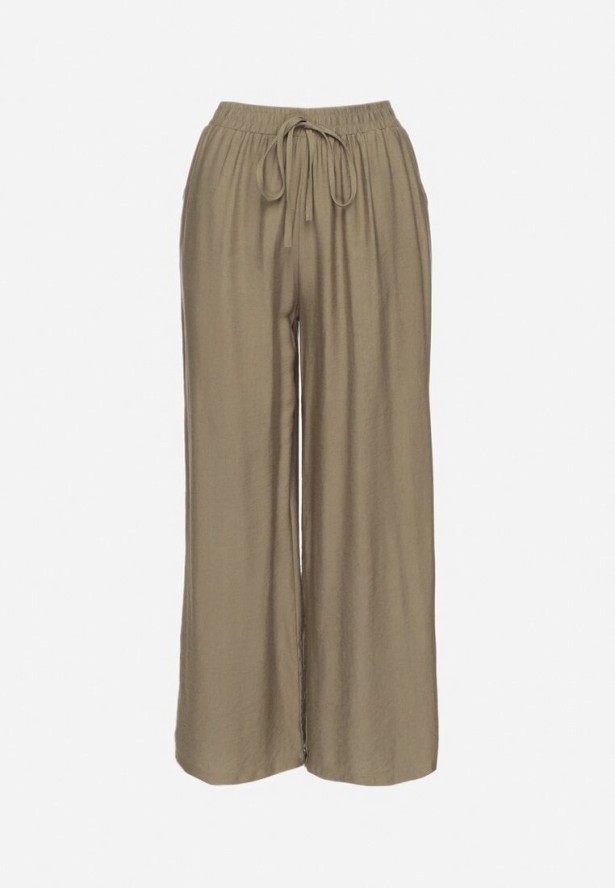 Zielone Szerokie Spodnie z Wysokim Stanem Ozdobione Sznurkiem Fenaris