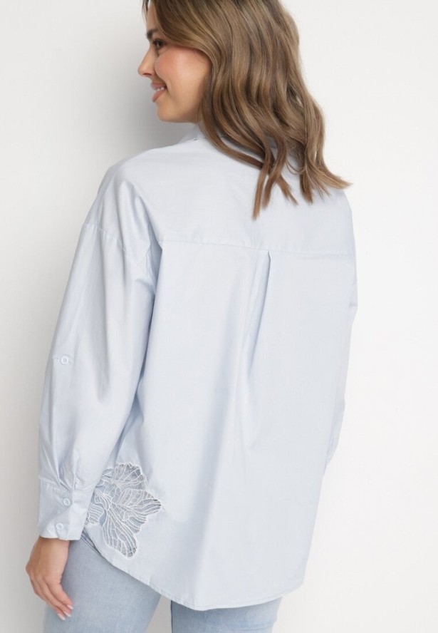 Niebieska Bawełniana Koszula z Ażurowym Wzorem i Regulowanymi Rękawami Naloritha