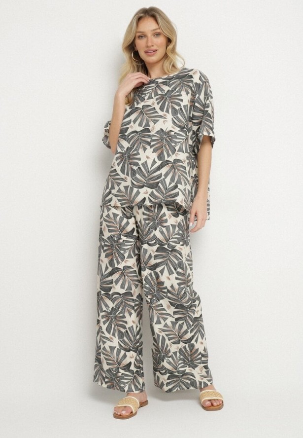 Szary Wiskozowy Komplet z Motywem Roślinnym Szerokie Spodnie i T-shirt Evianira