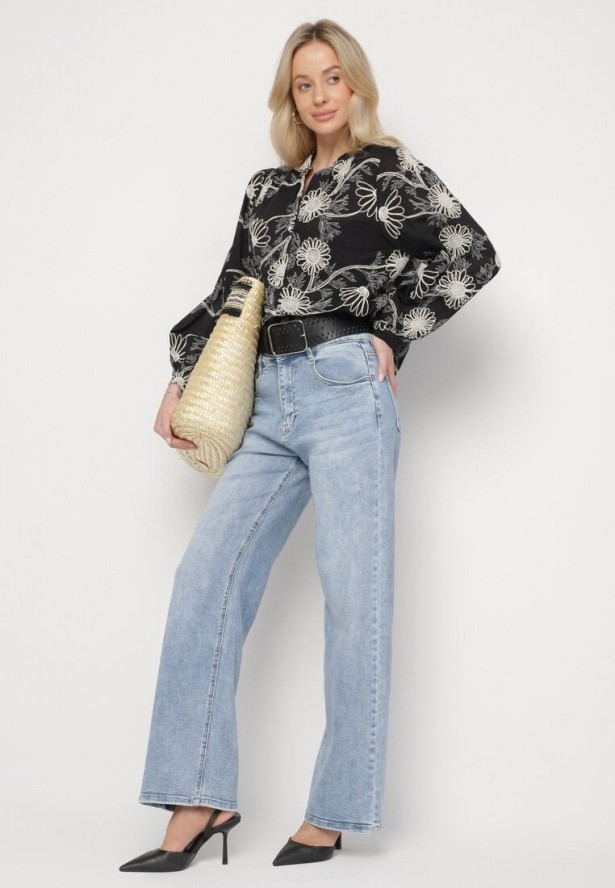 Czarna Bawełniana Koszula Zdobiona Haftem w Kwiatowy Wzór z Cekinami Gonirith