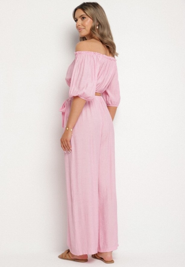 Ciemnoróżowy Komplet Szerokie Spodnie i Bluzka z Bufiastymi Rękawami Idasela