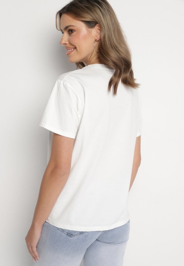 Biała Bluzka z Bawełny z Cekinami i Napisem Malenala