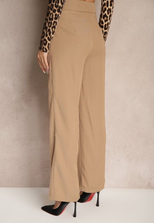 Ciemnobeżowe Szerokie Spodnie Garniturowe z Wiskozą High Waist z Paskiem z Klamrą Enarela