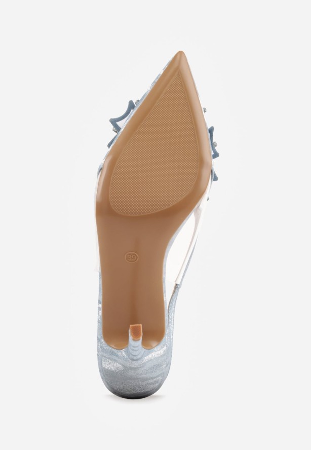 Niebieskie Szpilki VICES Slingback z Kokardą Cyrkoniami i Transparetną Wstawką Kalilise