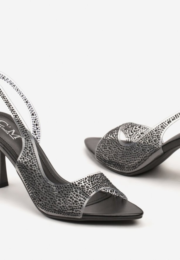 Czarne Sandały na Niskiej Szpilce z Otwartym Noskiem Zdobione Cyrkoniami Rialiana