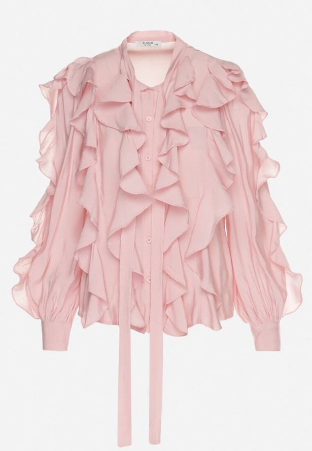 Różowa Koszula o Luźnym Kroju z Falbanami i Wiązaniem Ravionel