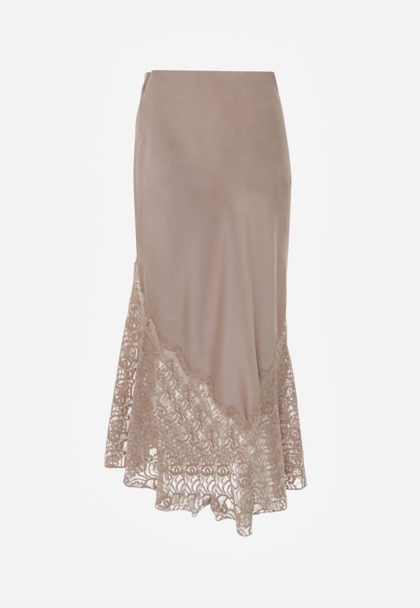 Beżowa Spódnica z Satyny z Koronką i Rozcięciem na Nogę Doritana
