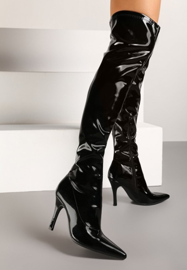 Czarne Kozaki na Obcasie z Przylegającą Cholewką za Kolano z Lakierowanym Połyskiem Nelasena