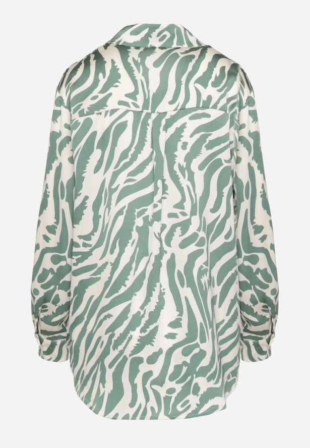 Zielono-Biała Koszula z Dłuższym Tyłem w Abstrakcyjny Wzór Nilhiris