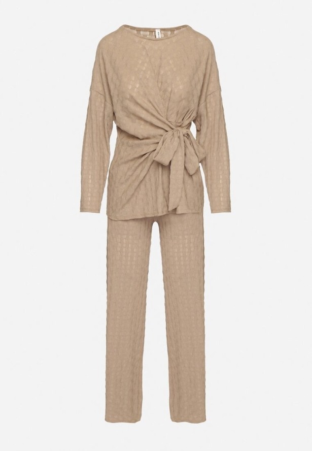 Jasnobrązowy Komplet Szerokie Spodnie i Bluzka z Ozdobnym Wiązaniem Cilinne