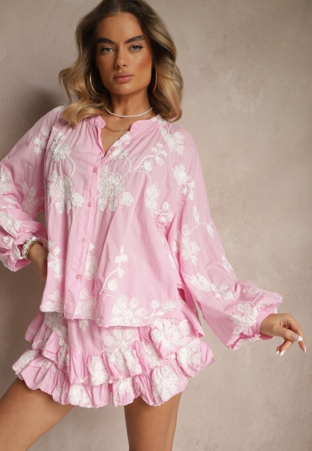 Różowy Komplet z Bawełny Spódnico-Spodenki i Koszula z Szerokimi Rękawami Savalene