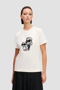 KARL LAGERFELD Beżowy damski t-shirt Ikon Sketch Duo, Rozmiar XL