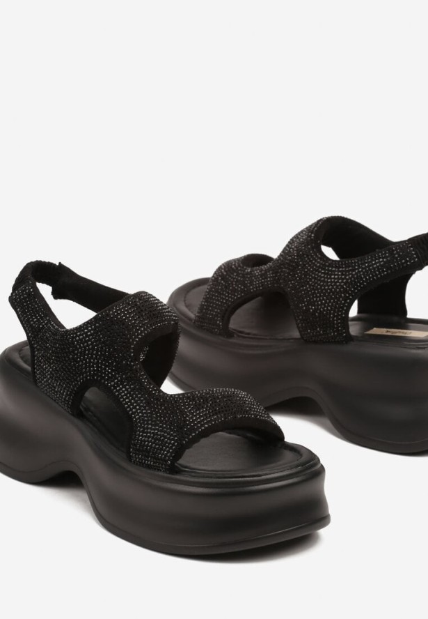 Czarne Sandały na Platformie Ozdobione Cyrkoniami Nalionis