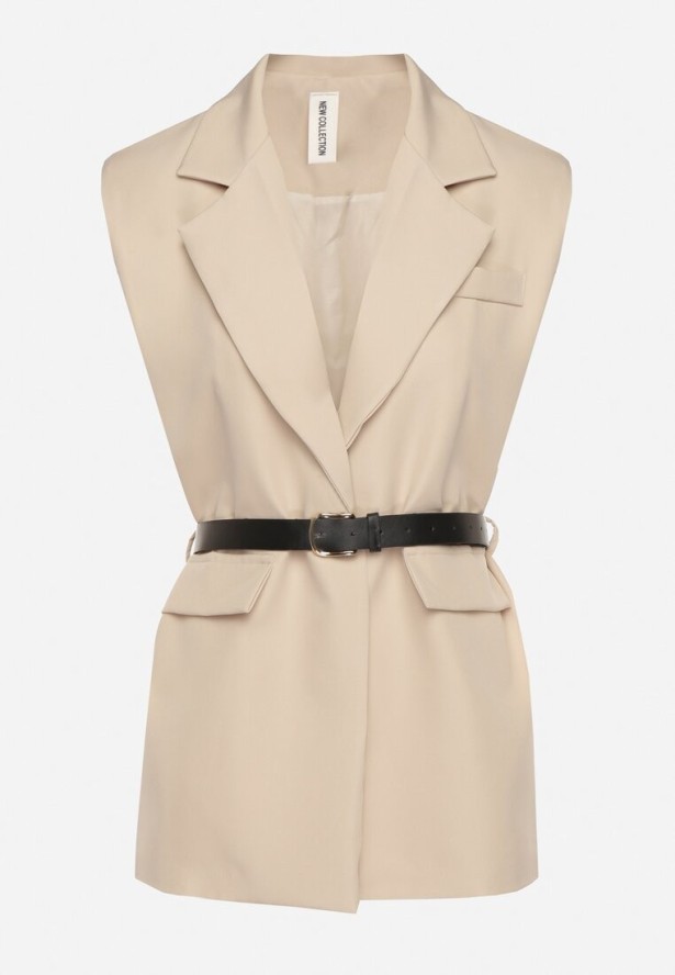 Beżowa Kamizelka Garniturowa Oversize na Guzik z Paskiem Melazi