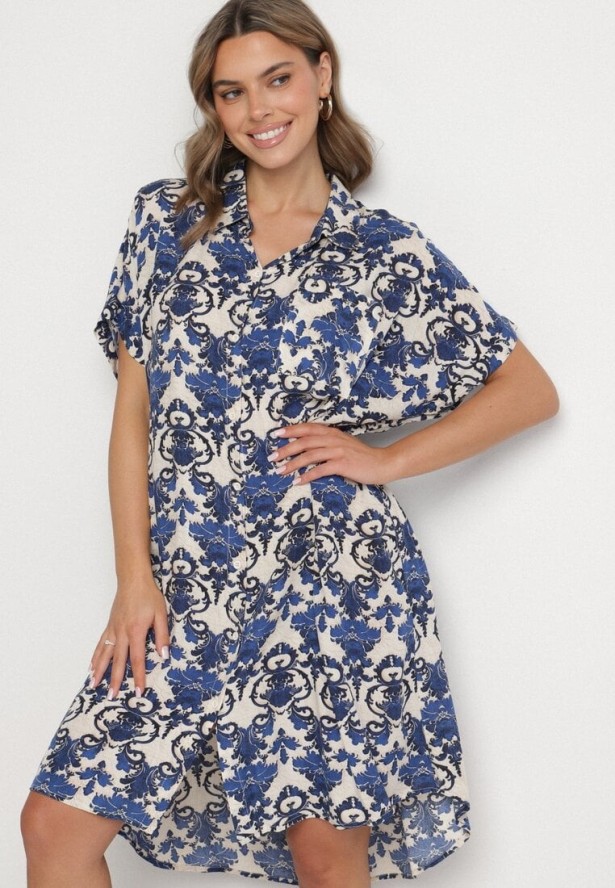 Granatowa Pudełkowa Sukienka Koszulowa z Wiskozy w Ornamentalny Print Vanisse