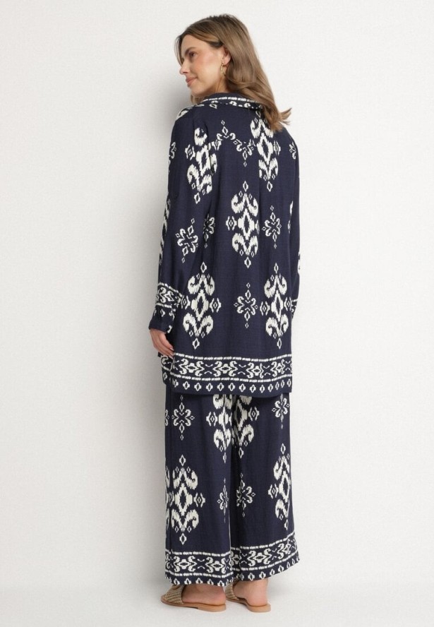 Granatowy Komplet z Wiskozą w Etniczny Wzór Koszula i Spodnie Meporelle