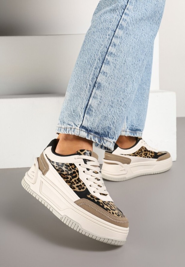 Beżowo-Brązowe Sneakersy na Tłoczonej Platformie Ozdobione Wzorem w Panterkę Deoranae