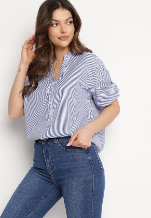 Granatowo-Biała Bawełniana Koszula w Paski z Guziczkami i Rękawem 3/4 Biurise