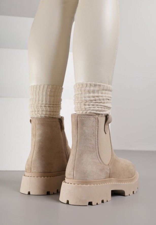 Beżowe Botki Sztyblety na Platformie z Elastyczną Wstawką Isilinda