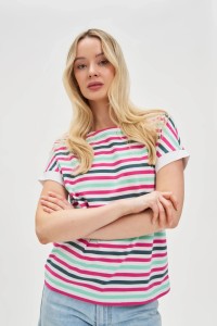T-shirt w paski fuksjowy