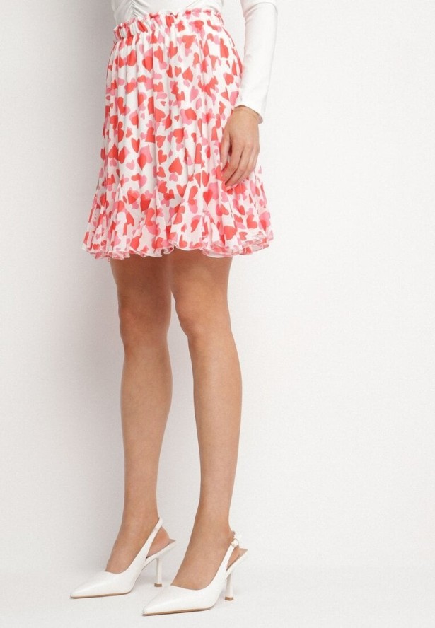 Biało-Różowa Spódnica o Rozkloszowanym Kroju z Falbanką Yasselia