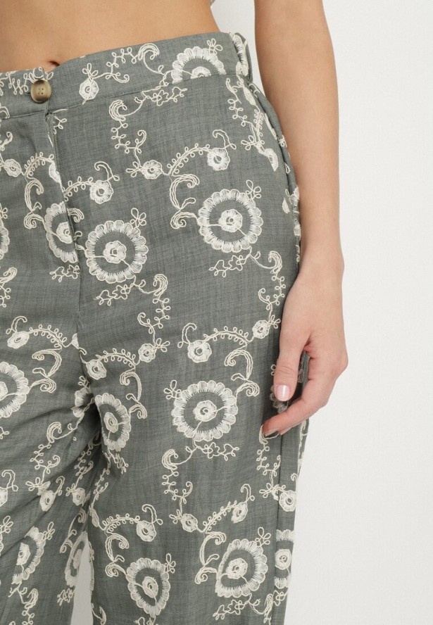 Ciemnozielone Szerokie Spodnie z Wysokim Stanem i Haftem Tulsedi