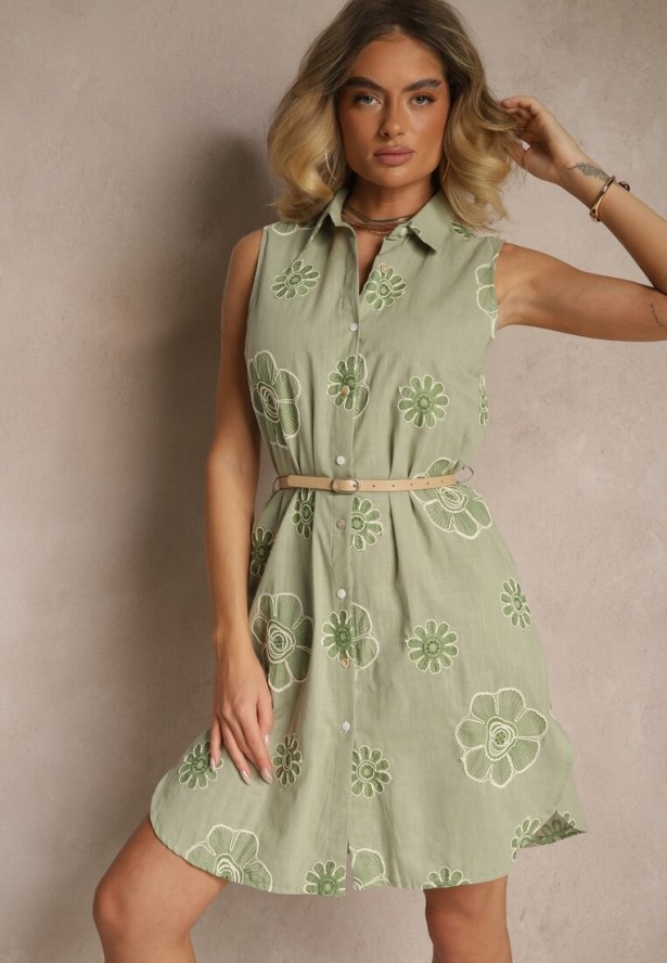 Jasnozielona Sukienka z Bawełny z Haftowanymi Kwiatami i Paskiem o Koszulowym Kroju Tunoria