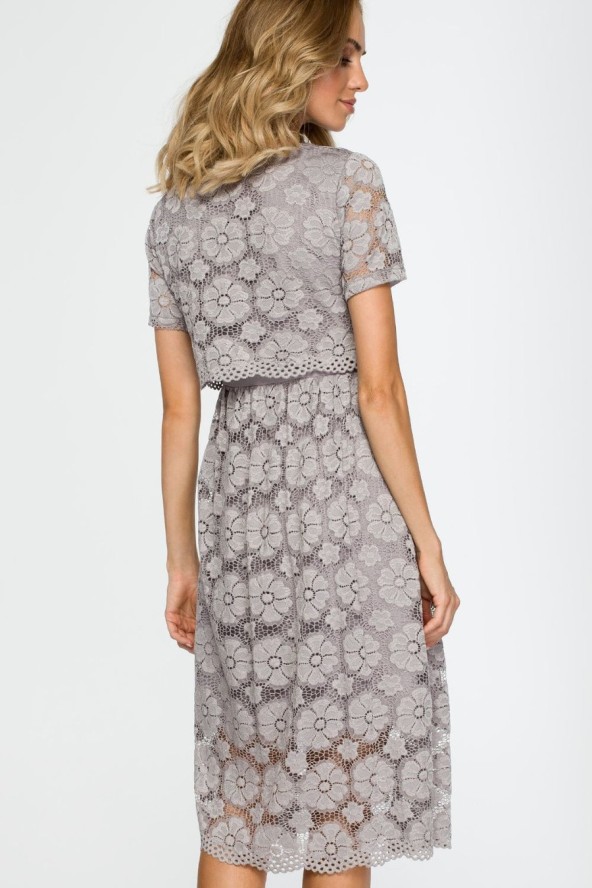 Sukienka na wesele koronkowa lekko rozkloszowana midi szara