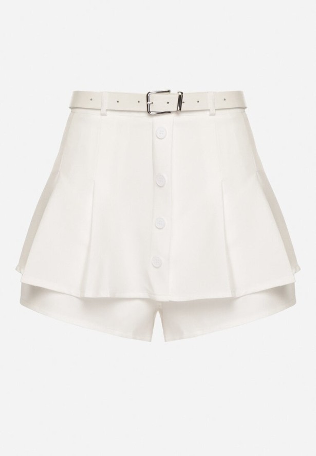 Białe Wiskozowe Spódnico-Szorty Ozdobione Guzikami i Paskiem Sanioris