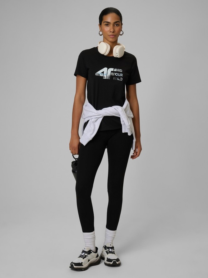 4F T-shirt regular z nadrukiem damski - czarny S