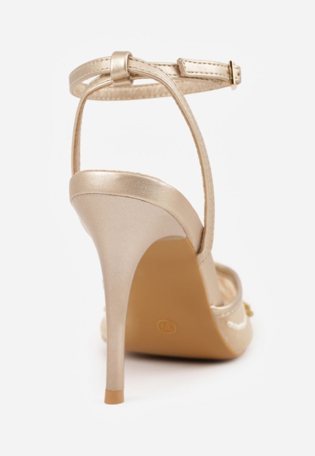 Złote Szpilki VICES z Siateczkową Cholewką Perełkami i Kwiatowym Wzorem Berdal