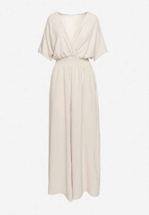 Beżowy Kopertowy Kombinezon z Gumką w Talii i Szerokimi Nogawkami Vimashea