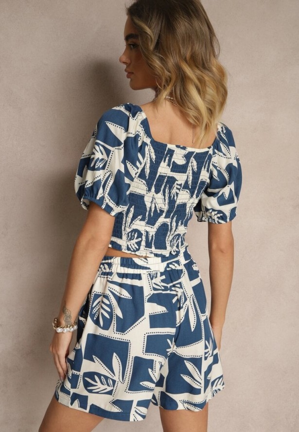 Granatowy Wiskozowy Komplet w Roślinny Wzór Szorty i Bluzka Felindera