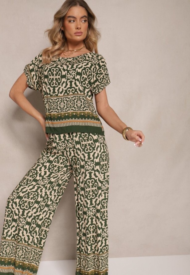 Ciemnozielony Komplet Spodnie i Bluzka z Bawełny w Ornamentalny Print Nanitria