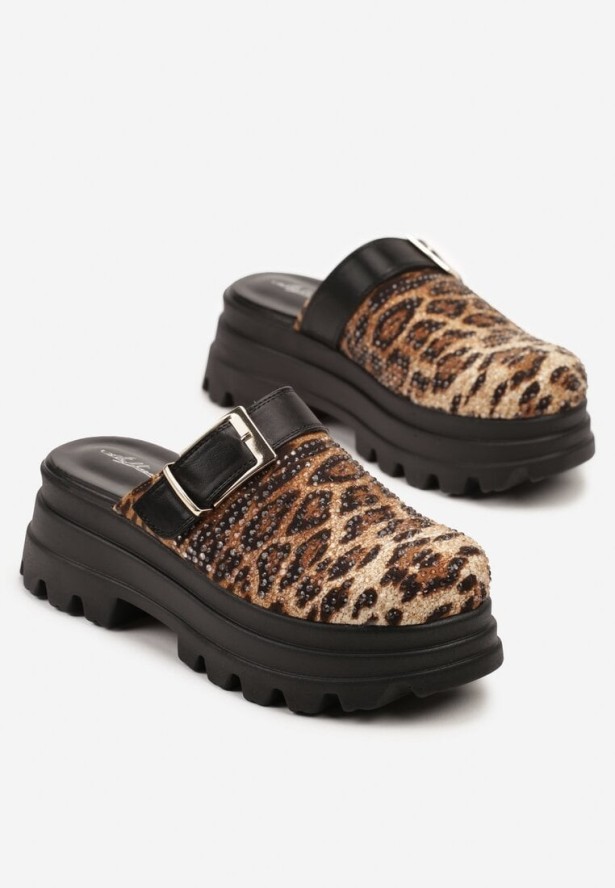 Panterkowe Klapki Chodaki na Grubej Podeszwie z Paskiem z Klamrą Sorie