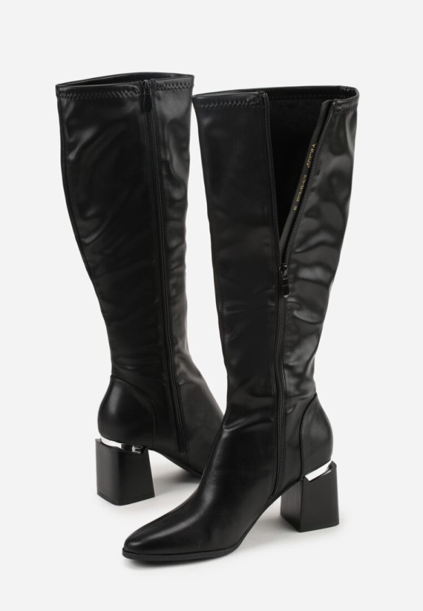 Czarne Klasyczne Kozaki VICES na Słupkowym Obcasie z Metaliczną Aplikacją Rannora