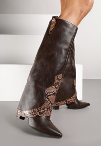 Brązowe Kozaki na Słupku z Wywiniętą Cholewką i Wężowymi Zdobieniami Alffera