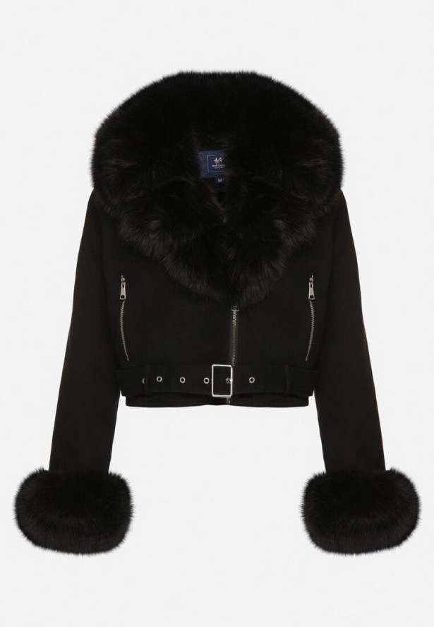 Czarna Ocieplana Kurtka Ramoneska z Futrem przy Kołnierzu i Rękawach Mevesala