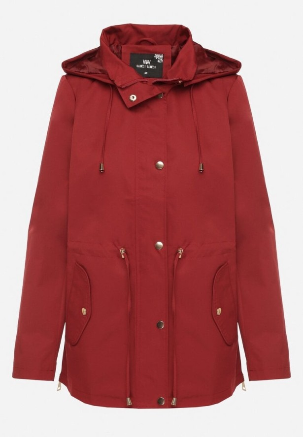 Bordowa Kurtka Parka z Odpinanym Kapturem i Ozdobnymi Suwakami Velotia