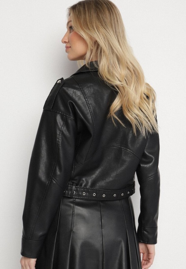 Czarna Kurtka Ramoneska z Klamrami Sesariah