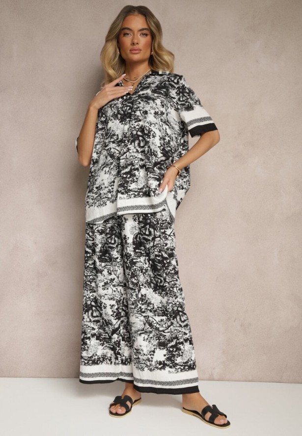 Czarny Komplet z Wiskozy Koszula i Spodnie z Motywem Roślinnym Ridiene