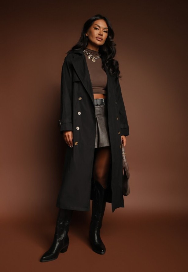 Czarny Płaszcz o Wydłużonym Fasonie Trencza z Guzikami i Paskiem Dennime