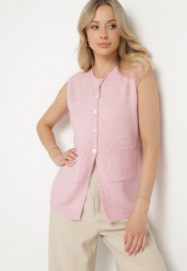 Różowa Rozpinana Kamizelka Sweterkowa z Wełną Quilzeki