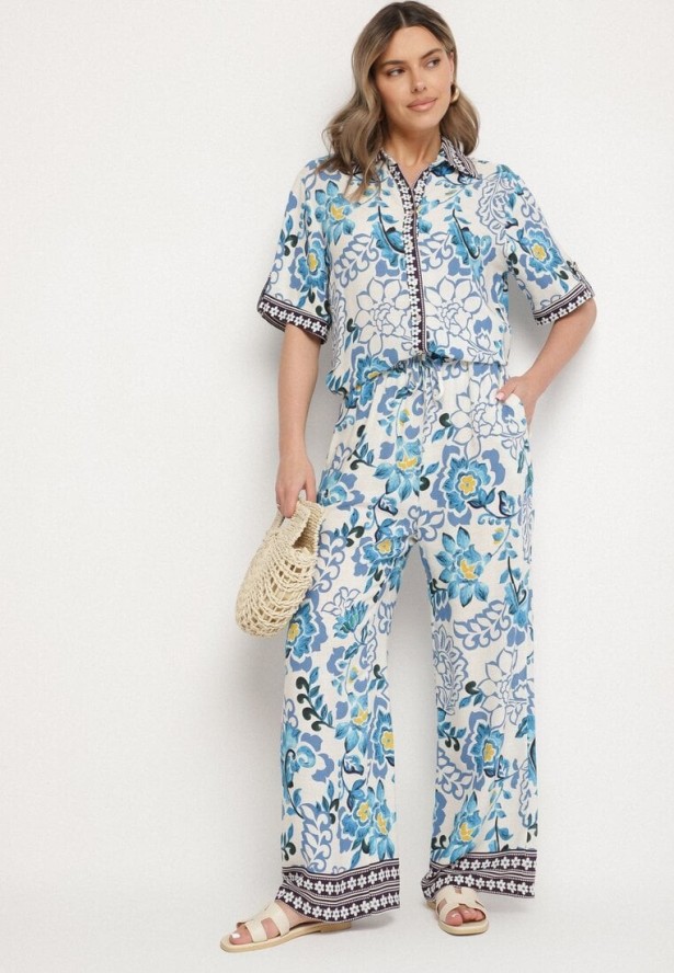 Niebieska Koszula z Wiskozy w Kwiatowy Wzór Milineira