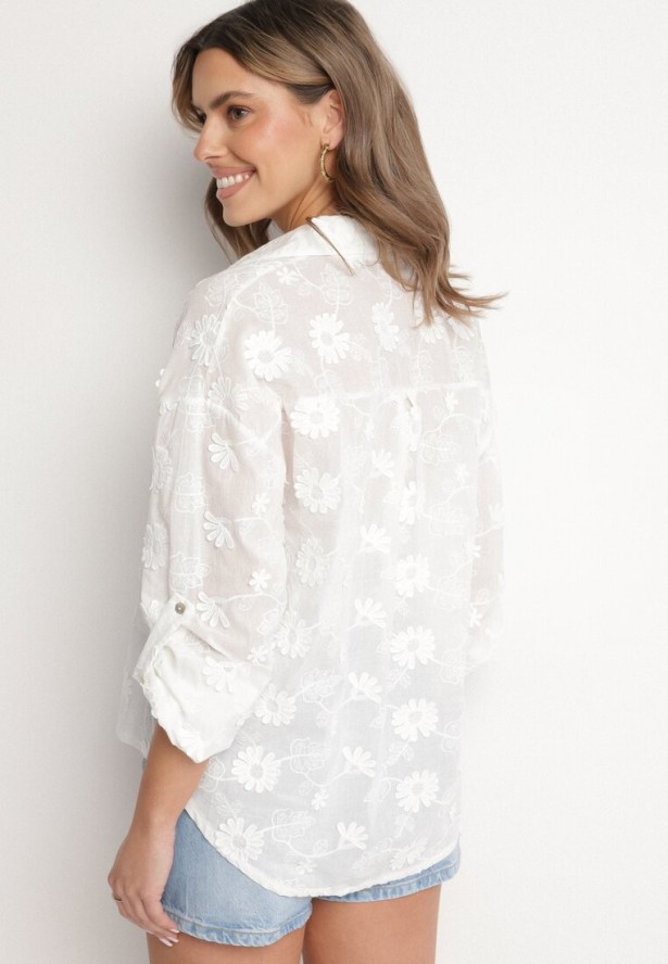Biała Koszula Oversize z Bawełny Zdobiona Kwiatowym Haftem Reinoviel